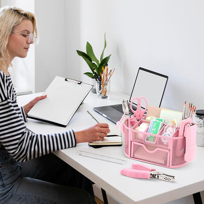 17 in 1 Pink Desk Organizers and Accessories Set, 3 Office Desk Supplies Storage Organization, 4 Pens, Stapler, Staples & Remover, Tape & Dispenser, Scissors, Ruler, Clips, Hole Punch, Back to School