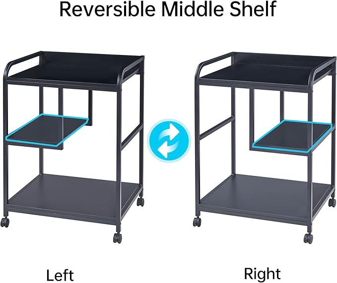 Printer Stand with Storage Shelf for Home Office Organization, 22 x 18 Inch Large Printer Table with Wheels, Shredder Stand, CPU Stand, Rolling Cart for Host Computer, PC Tower, Desktop- Black