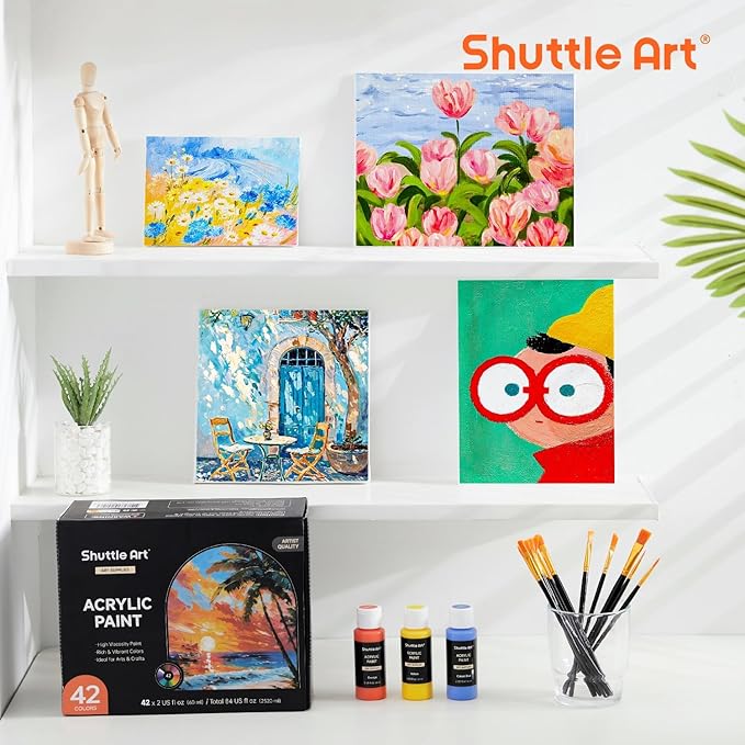 Shuttle Art Acrylic Paint, 42 Colors Acrylic Paint Set with 12 Brushes, 2oz/60ml Bottles, Rich Pigmented, Water Proof, Premium Paints for Artists, Beginners and Kids on Canvas Rocks Wood Ceramic
