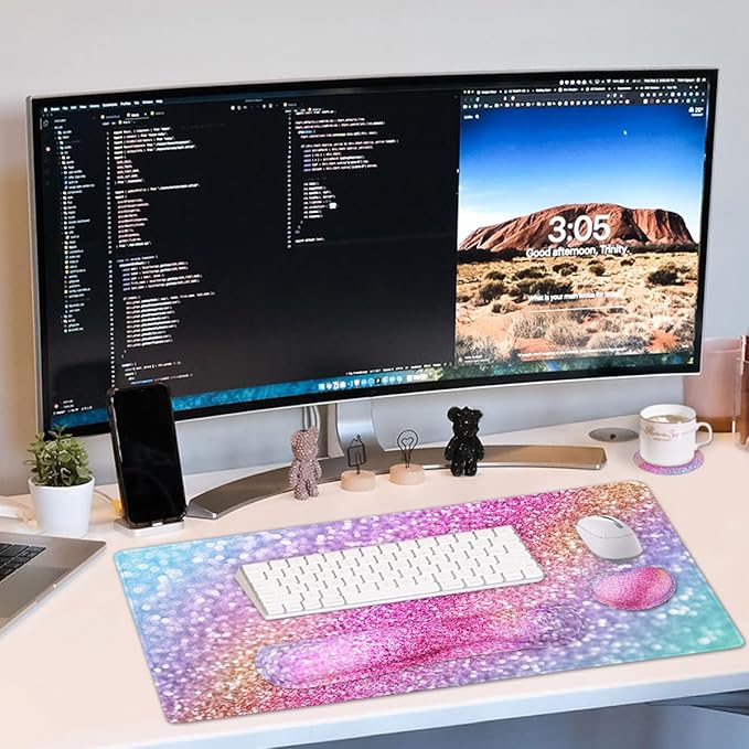 Large Keyboard Mouse Pad Set, Extended Mouse Pad+Keyboard Wrist Rest Support, Memory Foam Ergonomic Easy Typing, 4Pcs (35.4×15.9 in) Desk Pad Set for Home Office Study Game - Colorful