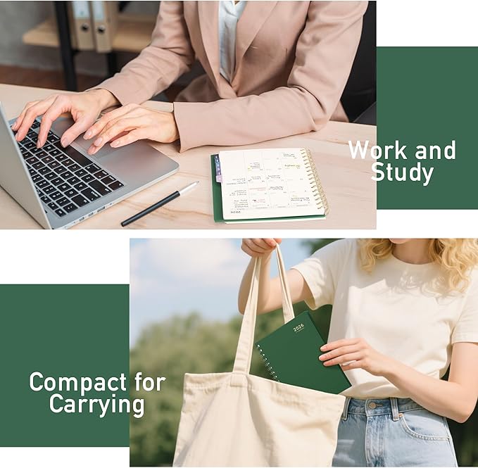 RETTACY 2026 Planner, Weekly and Monthly, Medium Size (5.7" x 8.3"), Jan - Dec 2026, Agenda, Calendar, 12 Month Tabs, Flexible Plastic Cover, 100 GSM Thick Paper, Spiral-bound (Dark Green)