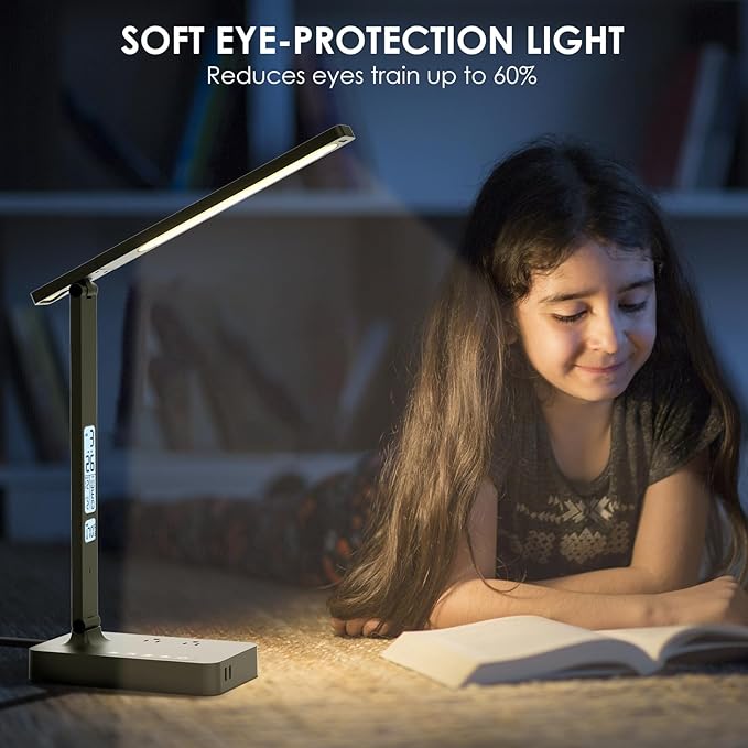 Infiway Desk Lamp with USB Charging Port: LED Eye-Caring Smart Table Light for Home Office - 1 Type-C, 1 USB-A Charging Port, 2 AC Power Outlets