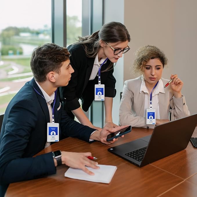 RexID 100 Pcs Vertical ID Holder Badges Name Tags,Waterproof Clear Plastic ID Card Holders with Blue Lanyard (100 Pcs (Vertical), Blue)