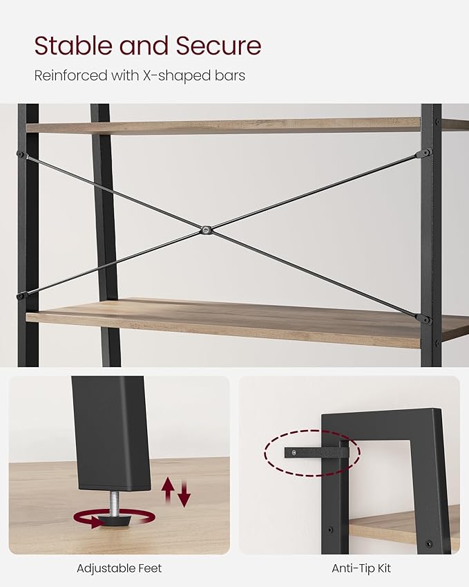 VASAGLE Ladder Shelf, 4-Tier Bookshelf, Storage Rack, Bookcase with Steel Frame, for Living Room, Home Office, Kitchen, Bedroom, Industrial Style, Camel Brown and Ink Black ULLS144B50