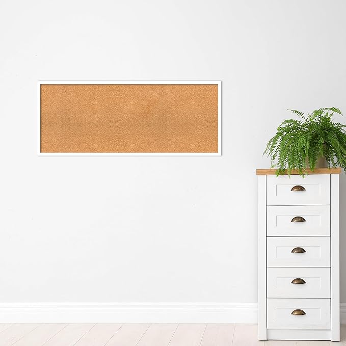 Amanti Art Natural Cork Board for Wall, 19x47 Vision Board with White Frame, Oversize Corkboard Office Decor for Home Organization, Modern Corkboard Pinboard to Display Items for Home Organization in
