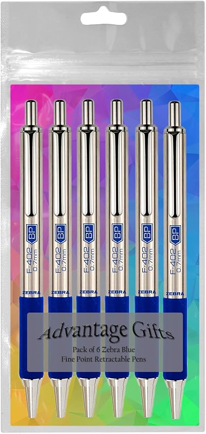 Zebra F-402 Ballpoint Stainless Steel Retractable Pen, Fine Point, 0.7mm, Blue Ink, 6-Count Bundle with Plastic Reusable Pouch