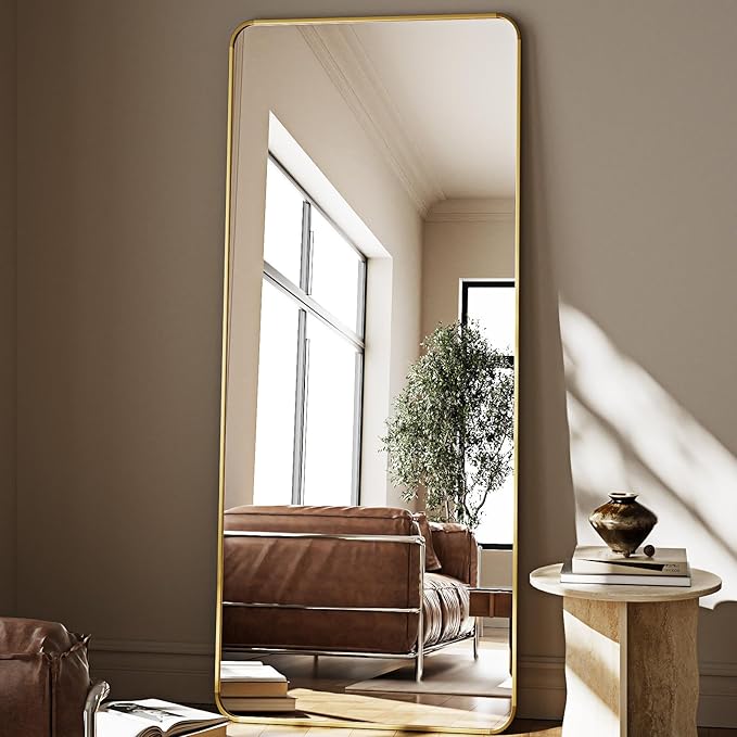 HARRITPURE 66x23 inch Rounded Full Length Mirror Aluminum Frame Mirror Full Length Floor Mirror with Stand for Living Room Bedroom Cloakroom,Gold