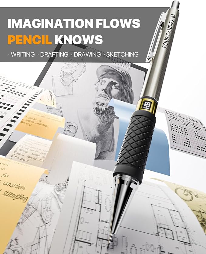 Four Candies Metal Mechanical Pencil Set - 3PCS 0.9mm Art Mechanical Pencils & 360PCS HB Lead Refills & 3PCS Erasers & 9PCS Eraser Refills, Drawing Mechanical Pencils for Writing, Sketching/With Case