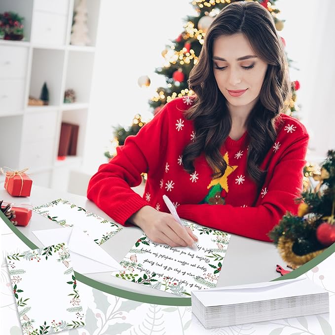 80 Sets Christmas Stationery Paper with Envelopes Christmas Holiday Paper Christmas Envelopes for Christmas Holiday Events Notes Invitation Office(Merry Branch and Holly)
