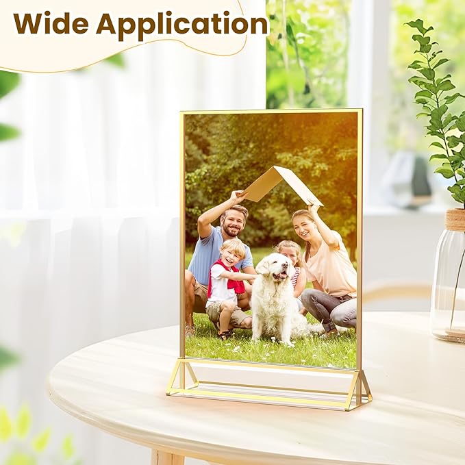 5X7 Acrylic Sign Holder Double-Sided Gold Frames Flyer Display Stand for Menu Wedding Table Number with Clear Sticky Dots - 6 Pack