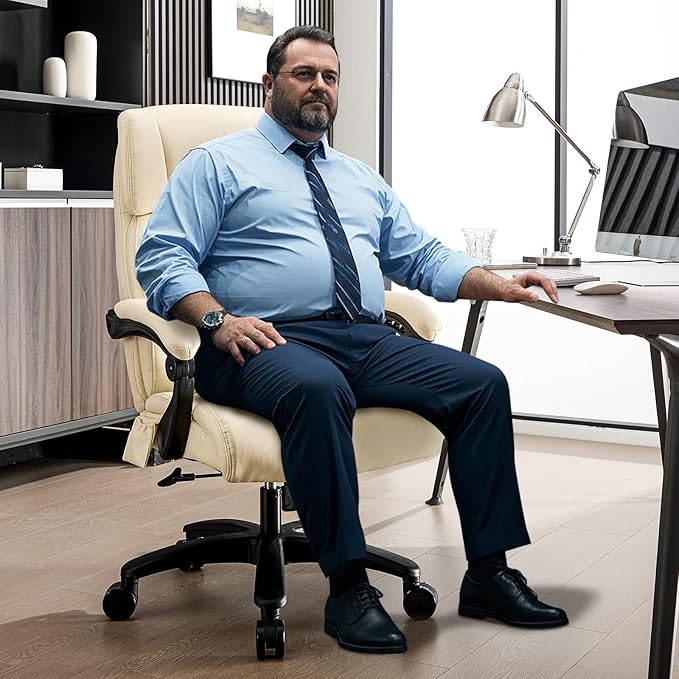 Lumbar Massage Office Chair, 500LBS Big and Tall Office Chair, Heavy Duty Ergonomic Executive Reclining Chair with High Back and Lumbar Support, Beige