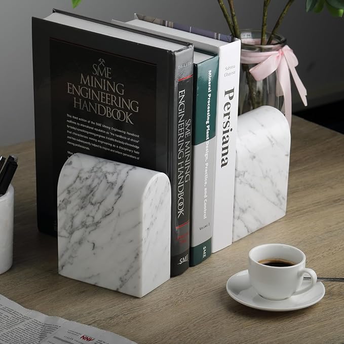 Koville Natural Italian Marble Bookends for Shelves, Book Ends for Heavy Books, 13LBS Ultra Heavy Duty Book Holders, Triumphal Arch Bookends Office Bookshelf Decor for CDs/Video Games(Bianco Carrara)