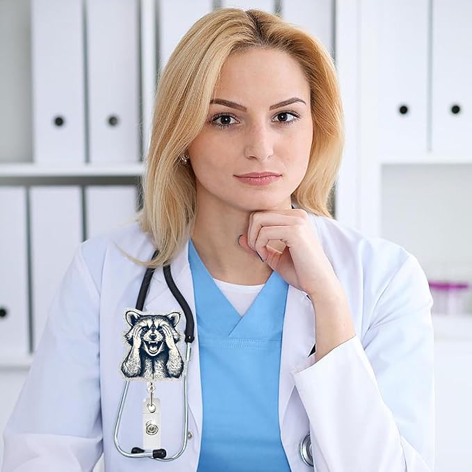 Cute Raccoon Retractable Reel Badge ID Card Clip Acrylic Badge Holder with 360°Rotation Rotundity Metal Alligator Clip Designs Nursing Name Tag for Nurse Doctor Office Worker Accessories