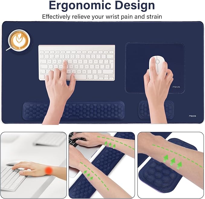 MOSISO Large Gaming Mouse Pad&Massage Keyboard Wrist Rest&Mousepad&Wrist Rest&Coaster,Ergonomic Non-Slip Base Pad Set&Pain Relief Easy Typing Cushion with Memory Foam for Home Office, Navy Blue