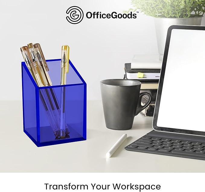 OfficeGoods Acrylic Pen & Pencil Holder - Modern Trapezoid Design - Beautiful Desk Organizer for Home or Office - Contrasting Metal Base - 3" Square w/ 3.5" Front & 4.5" Back - Blue