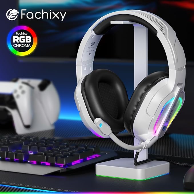 Fachixy FC200 Gaming Headset with Microphone for PS4, PS5, Switch, Xbox, Mac, PC Gaming Headphones with Mic, Gamer Headset with RGB Light - White-Black