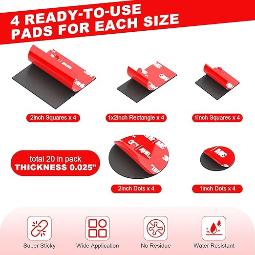 3M Double Sided Tape Heavy Duty 20PCS VHB Adhesive Pads 1“ and 2” Squares Dots Rectangles Pack Strong Waterproof Mounting Tape for Dashboard Dash Cam Windshield Suction Cup Phone Holders Black