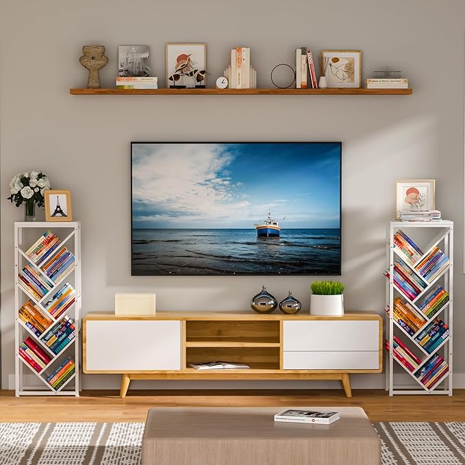 9 Tier Tree Bookshelf - White Book Shelf Floor Standing Modern Bookcase for Hardcover Books, Small Bookshelf for Small Spaces Bookshelves Wooden Book Storage Organizer Shelves for Bedroom Living Room