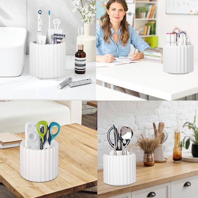 Anyoifax 360 Rotating Makeup Brush Holder 7 Slots Make Up Brush Organizer Removable Spinning Cosmetic Brushes Storage Pen Holder for Vanity, Dresser, Desk, White