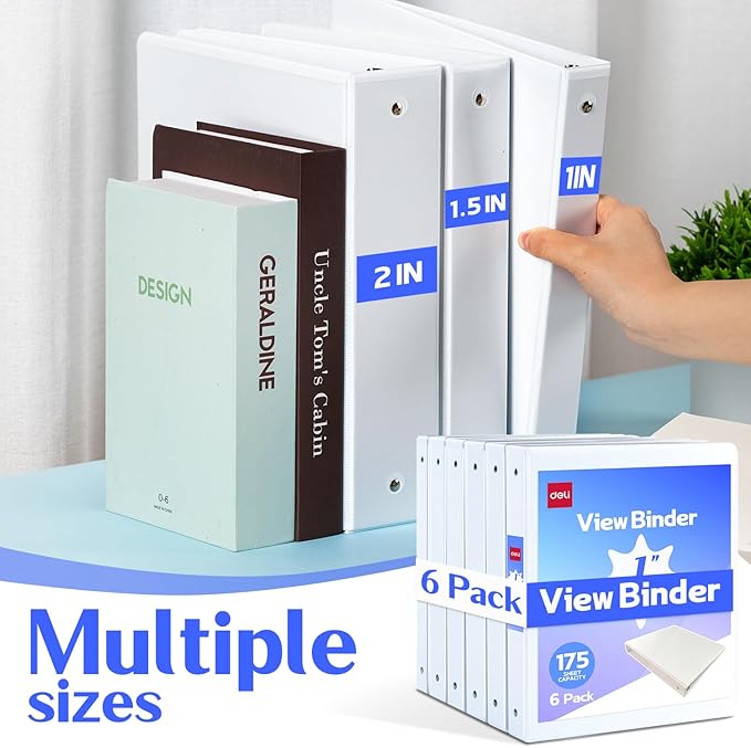 Deli 1-inch 3 Ring Binder with 2 Interior Pockets, 175 Sheets Capacity, 1 inch Binders fits 11" x 8.5" US Letter Size, White, 6 Pack