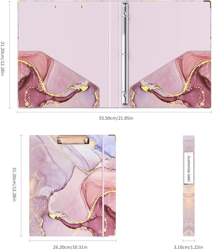 Ospelelf 3 Ring Binder, 1/2 Inch, Pink Marble, Letter Size (11" x 8.5"), 5 Tab Dividers, File Folder Labels, Low Profile Clipboards