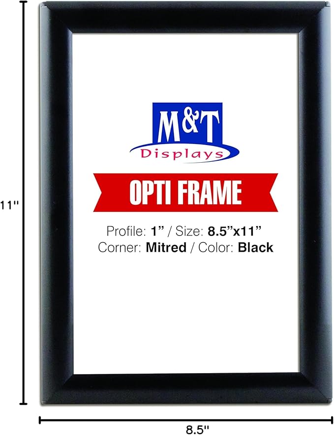 M&T Displays Opti Snap Poster Frame 8.5x11 Inch Black 1" Aluminum Profile Front Loading Wall Mounting Photo Picture Document Certificate Sign Holder Mitered Corner Anti Glare Cover