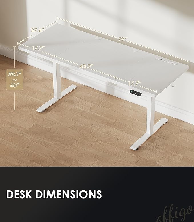 OffiGo Electric Standing Desk with 3-Piece Board, 79 Inch Height Adjustable Large Desk with Power Outlets, Sit Stand Table, Writing Computer Workstation for Home, Office, White