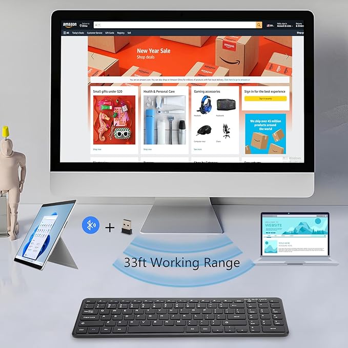 Wireless Bluetooth Keyboard, Universal Multi-Device Keyboard with Number Pad and Media Hotkeys, USB + Dual BT Connection, Ergonomic Design Slim for Windows Computer/Laptop/Tablet