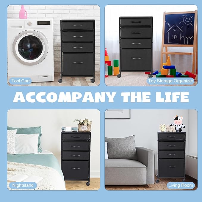 Chunful 4 Drawer Rolling File Cabinet Mobile Printer Stand Metal Cart with Fabric Vertical Filing Chest Wheels A4 Letter Size Under Desk Utility Craft Storage Organizer for Home Office (Black)