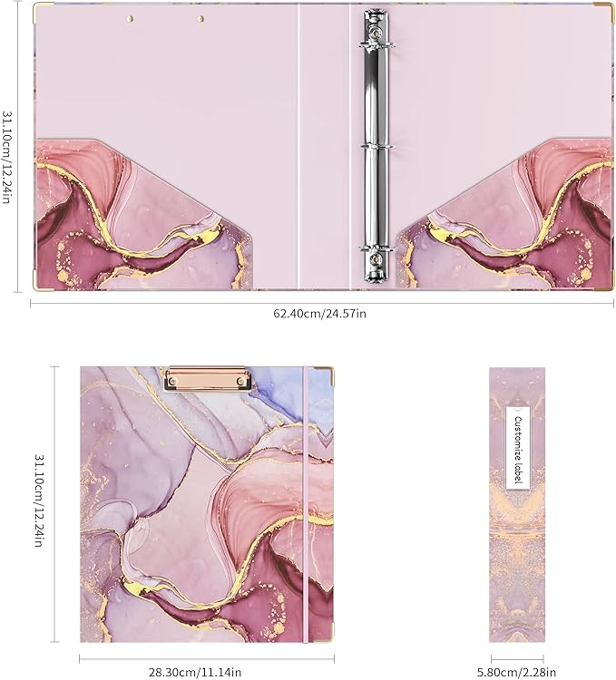 Ospelelf 3 Ring Binder 1.5 Inch, Pink Clipboard Organizer for Letter Size Documents (11" x 8.5") with 5 Tab Dividers, File Folder Labels, Paper Marble Binders for School and Office Supplies