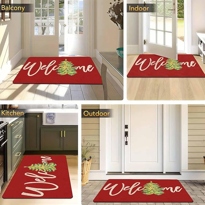 Christmas Welcome Tree Door Mat Merry Christmas Doormat Indoor Outdoor Entrance Floor Rug Non Slip Winter Decor Rubber Welcome Mats, 18" x 30"Inch