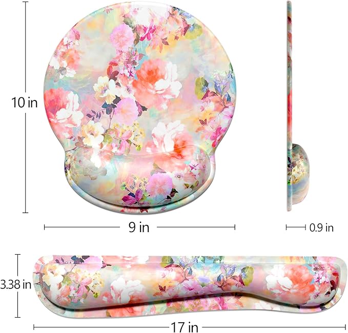 Dapesuom Keyboard Wrist Rest and Mouse Pad with Wrist Support, Cute Memory Foam Cushion for Keyboard and Mouse Set, Desktop Pad Rests with Non Slip Base for Easy Typing & Pain Relief, Peonies Floral