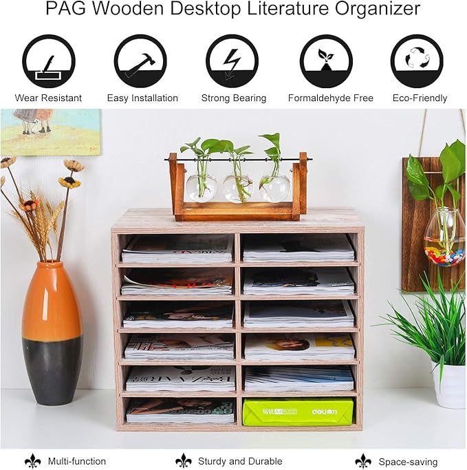 PAG Countertop Mail Sorter Organizer, Wooden Literature Organizer, Student Mailbox for Classroom, Desktop Bill Organizer for Office Home School, 12 Compartments, Retro White