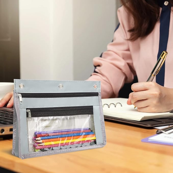 YoeeJob 1 Pack Pencil Pouch for 3 Ring Binder, Expandable Binder Pouches with Zipper, Large Capacity Pen Holder Case with Clear Window School Class Office Organizers, Grey