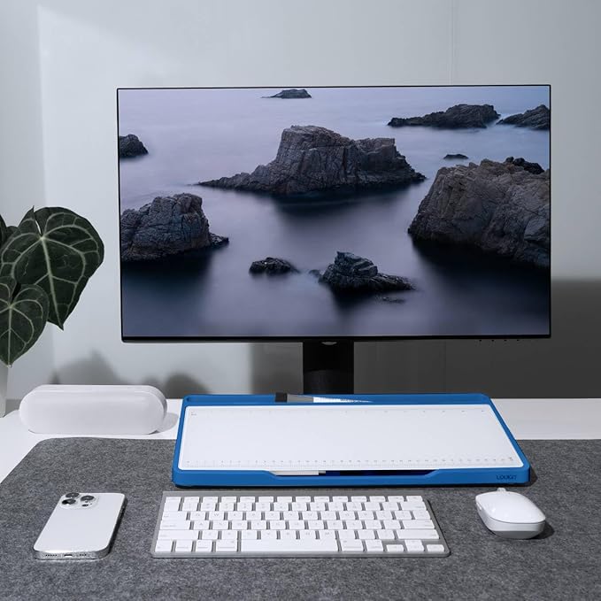 LOUKIN Glass Desktop Whiteboard, 15.3" x 5.6" Dry Erase Desk Board with Dotted and Graduated Surface, Desktop Buddy, Great for Design and Drawing, 3 Markers and 1 Dry Erase Eraser Included (Blue)