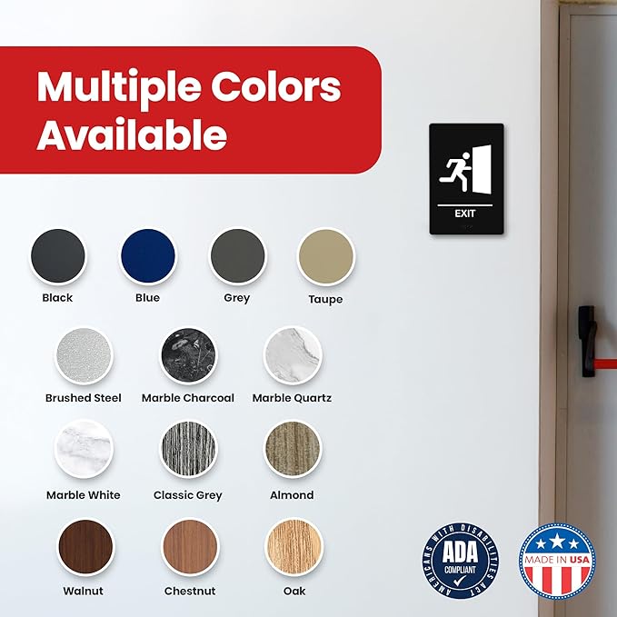 Promot Exit Sign – ADA Braille Exit Sign for Business, Self-Adhesive, 9" x 6", Commercial Door Signage, Office Wall Decor - Black