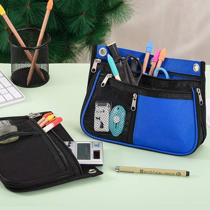 Sooez Pencil Pouch for 3 Ring Binder,Expandable Zipper Pencil Pouch, Fabric Pencil Pouches Binder Pockets, Large Capacity Binder Pouch, Pencil Case for Binder, Pencil Pouch 3 Ring(Blue/Black)