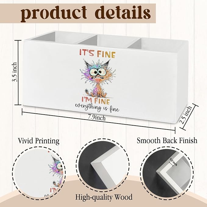 Funny Cat Pen Pencil Holder Organizer for Desk Accessories, It's Fine Everything Is Fine Wooden Box Sign Desk Decor for Home Office Decoration, Funny Cat Mom Lovers Gifts