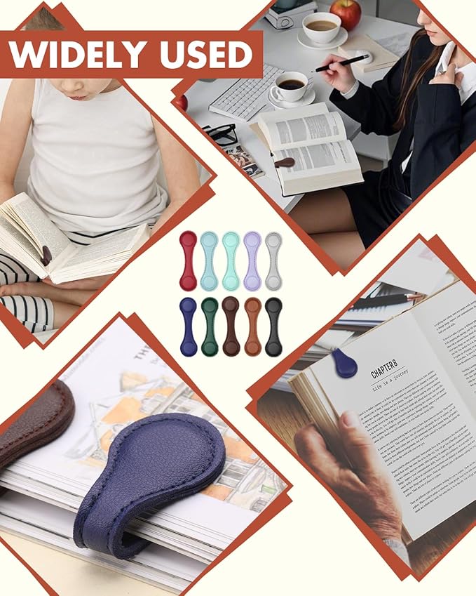 Magnetic Leather Bookmark, 10 Pcs Colorful Leather Magnetic Bookmarks for Women Men, Double-Sided Magnetic Book Mark Clip for Book Lovers, Readers, Teachers, Students