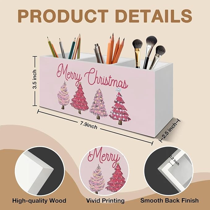 Pink Merry Christmas Tree Pen Pencil Holder Organizer for Desk Accessories, Pink Pencil Holder, Preppy Girly Xmas Wooden Box Signs Decorations for Home Office Desk Tabletop