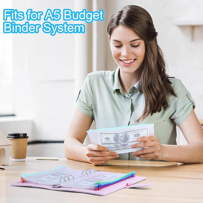 Antner 30PCS A5 Binder Pockets 6-Hole Cash Stuffing Envelopes for Money Saving, 10 Assorted Color Zipper Pouch Folders Budget Planner Inserts Loose Leaf Money Organizer Bags for A5 6-Ring Binder