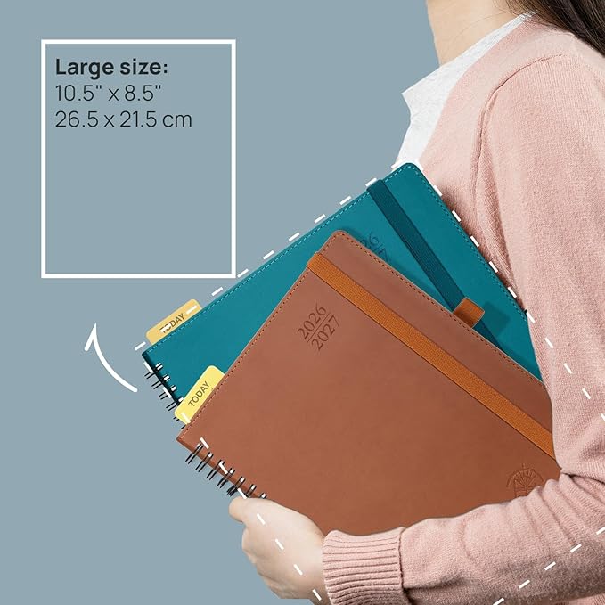 POPRUN Monthly Planner 2026-2027 (Large 8.5" x 10.5") 18 Months Calendar (Jan 2026 - Jun 2027) - 4 Pages per Month with Expense & Notes, Stair-like tabs, Leather Cover, Sunday Starts - Pacific Green