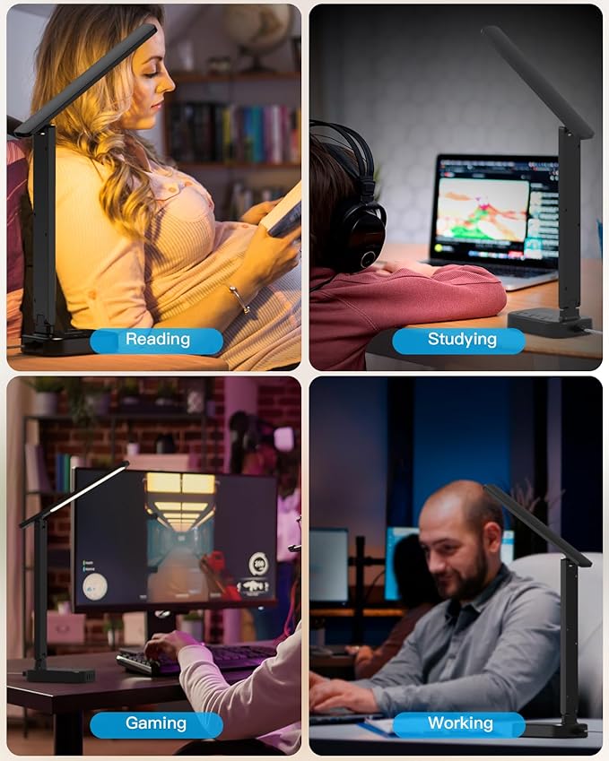 Power Strip with LED Desk Lamp, 10 Ft Extension Cord with 3 Outlets 4 USB Ports(2 USBC), 4 Modes 5 Level Touch Lamp Small Desk Lamps for Home Office College Dorm Room, Study Reading Light - BK