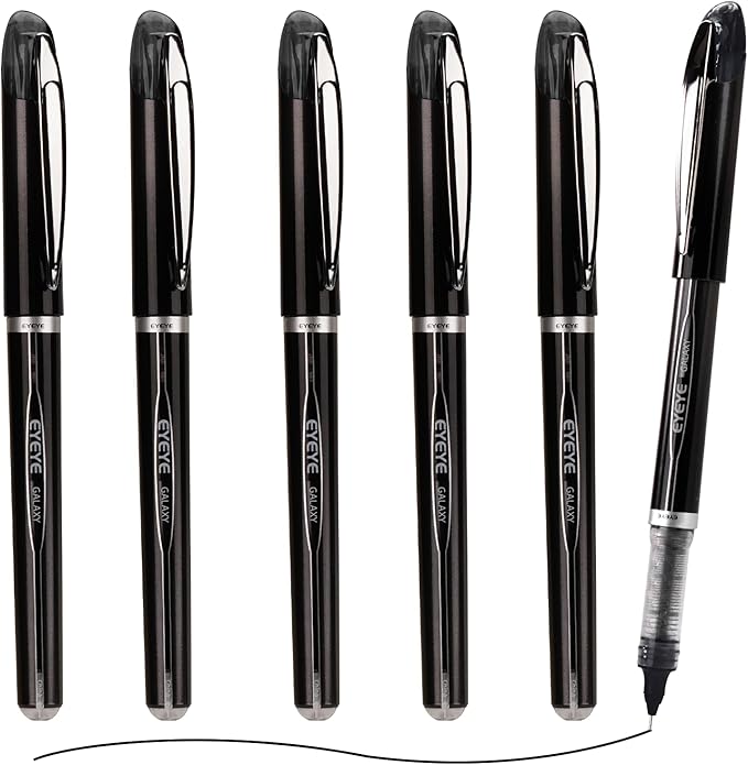 EYEYE Black Pen Roller Ball Needle Tip 0.5mm Quick Dry, 6 Pack Liquid Ink Rollerball Pens Extra Fine Point Smooth Writing Pens for Journaling, Note Taking, Office, School Supplies