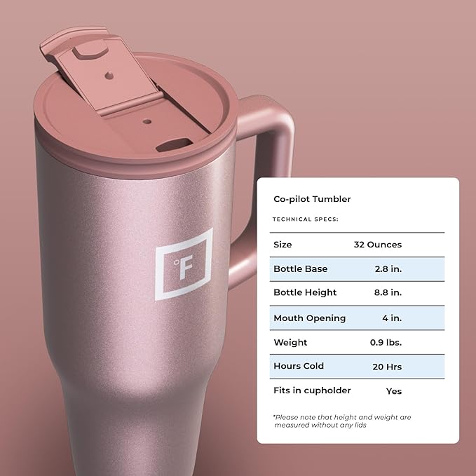 IRON °FLASK Co-Pilot Insulated Mug w/Straw & Flip Cap Lids - Cup Holder Bottle for Hot, Cold Drink - Leak-Proof - Water, Coffee Portable Travel Mug - Rose Gold, 32 Oz