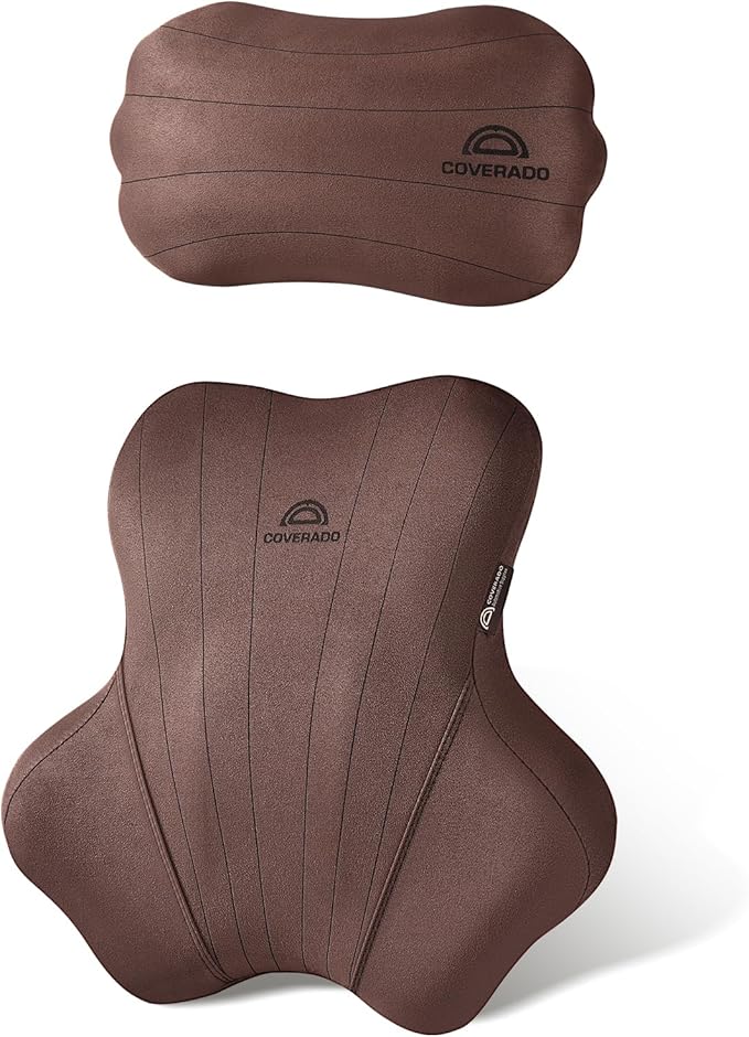 Coverado Car Lumbar Support Pillow and Car Neck Pillow Kit, Ergonomic Design Car Headrest Pillow for Driving, Relax Back Head Muscles Relieve Driving Fatigue, Breathable & Removable Cover, Coffee
