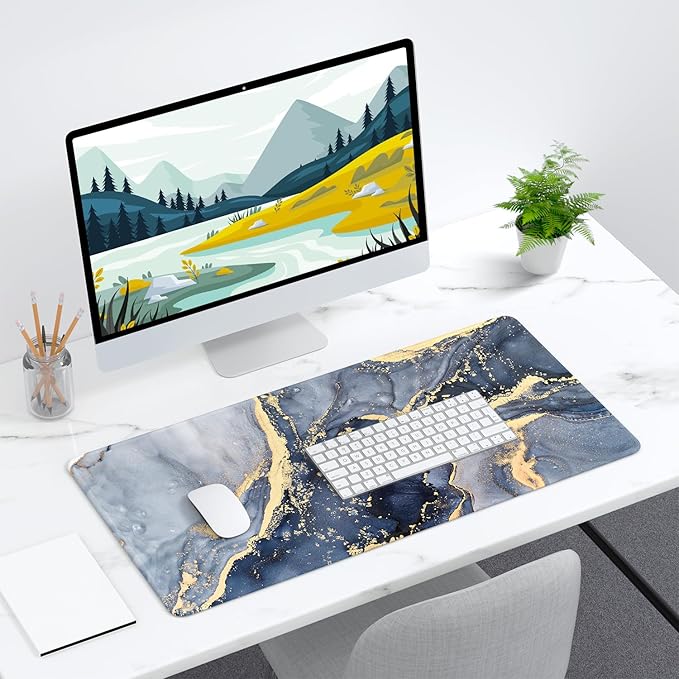 Desk Mat, 32" x 16" XXL Extended Large Gaming Mouse Pad, Desktop Decor Desk Pad, Cute Men Women Office Supplies and Accessories, XL Mouse Mat for Laptop & Keyboard, Blue Gray Gold Marble