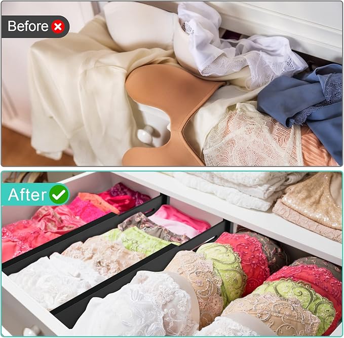 4 Pack Bamboo Drawer Dividers, Adjustable Length from 12 Inch to 17 Inch, Expandable Kitchen Drawer Organizer, Drawer Organization Separators for Clothes, Kitchen, Bedroom, Dresser, Office (Black)