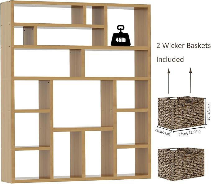BLANKSPACE 71 Inch Tall Wooden Bookcase, 6-Tier Heavy Duty Storage Shelf with Foldable Storage Baskets - Freestanding Open Shelves for Living Room, Bedroom, Yuzu Oak