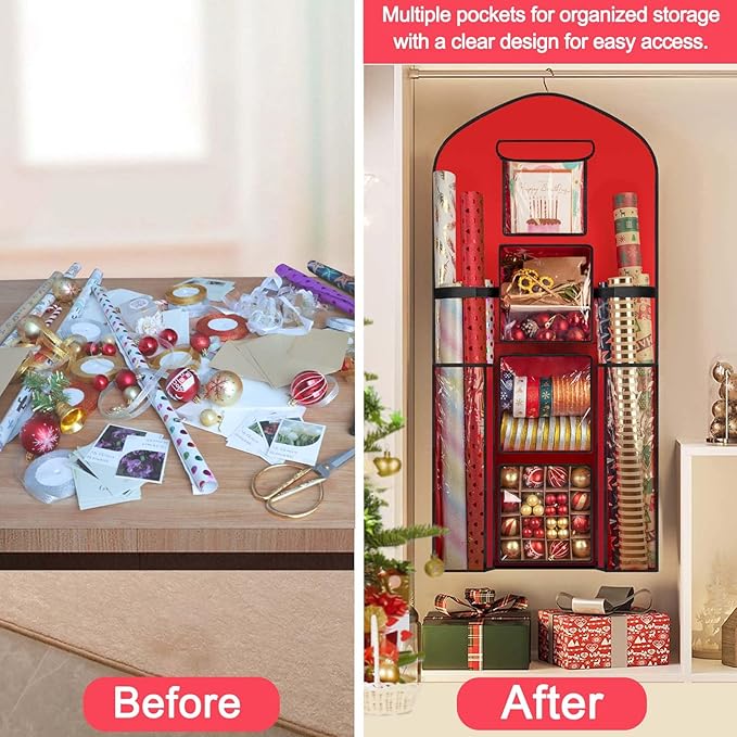 Hanging Gift Wrapping Paper Storage, 48x24 (Extra Large) Red Double-Sided Christmas Wrapper Bag Container, Oxford Long Craft Roll Organizer, Present Wrap Holder for Closet, Door